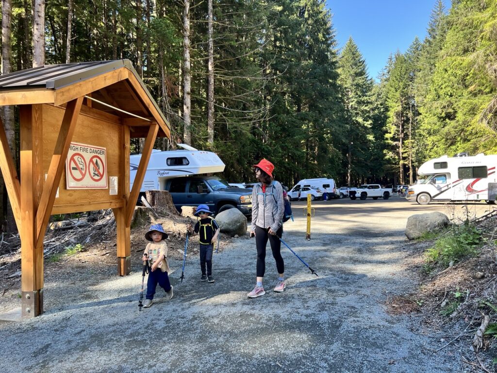 Family walking on the trail down to China Beach on Vancouver Island