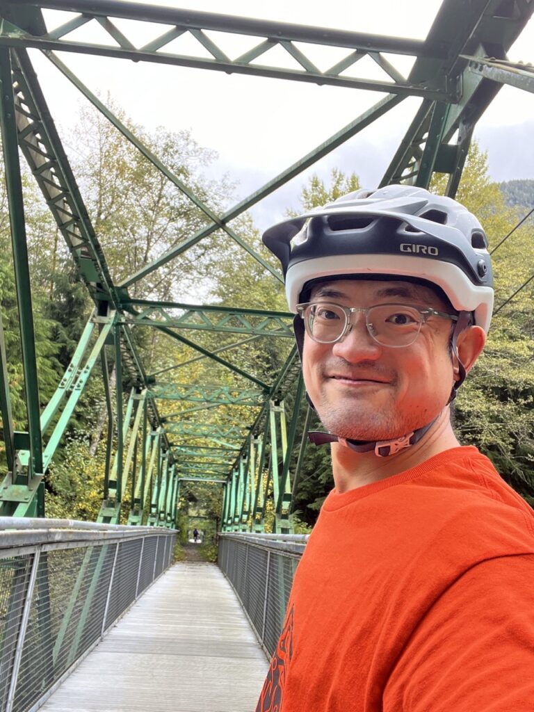 Cyclist crossing Bear Island Bridge on the return route